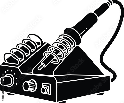 Soldering iron station with stand and coils vector graphic icon isolated on white background electronics repair tool.