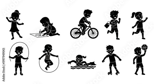 Set of Children Playing Activities Silhouettes