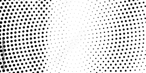 Radial halftone gradient background. Dotted concentric texture with fading effect. Black and white circle comic wallpaper. Monochrome grunge vector backdrop