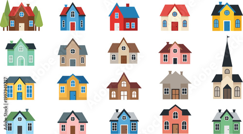 PrintColorful House and Building Flat Vector Illustration Set with Different Architectural Styles Home Church and Residential Property Collection