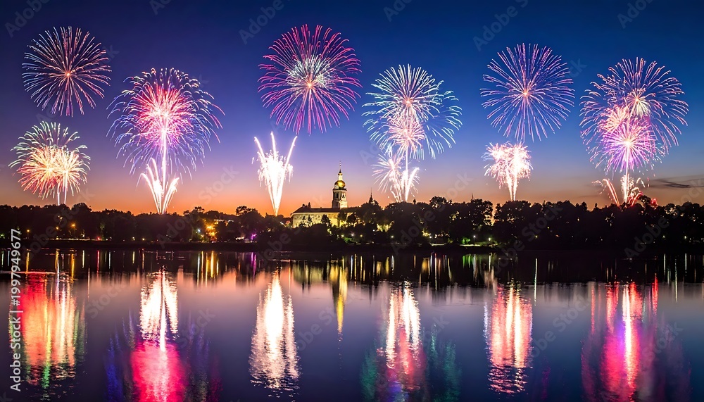 Fototapeta premium A serene lake reflects vibrant fireworks on a clear evening