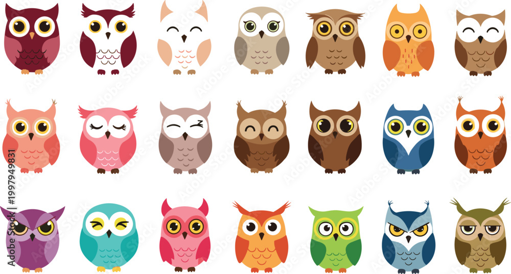 Fototapeta premium Cute Colorful Owl Bird Cartoon Vector Illustration Set with Different Expressions and Colors Funny Adorable Wildlife Animal Collection