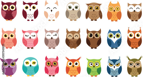 Cute Colorful Owl Bird Cartoon Vector Illustration Set with Different Expressions and Colors Funny Adorable Wildlife Animal Collection