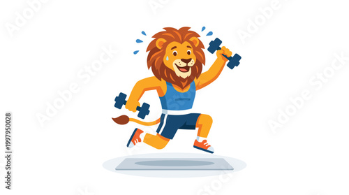 Strong Cartoon Lion Mascot Working Out with Dumbbells - Vector Illustr