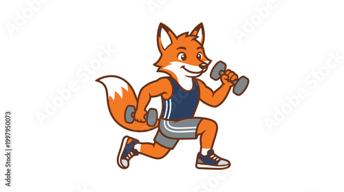 Cute Cartoon Fox Mascot Doing Lunges with Dumbbells. Playful Vector Il
