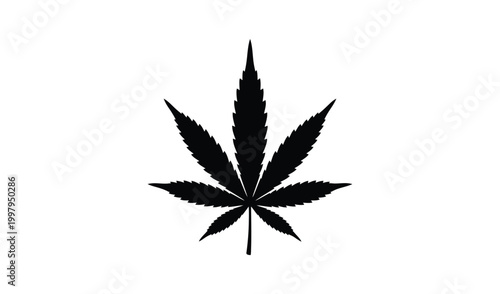 Silhouette Illustration Of A Cannabis Leaf, Black And White, Isolated On A Clean Background, Ideal For Medical And Botanical Concepts