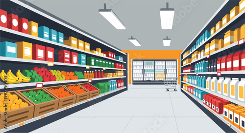 Obraz na płótnie A well-lit supermarket aisle with shelves stocked with food products