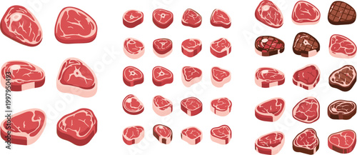 Raw and Grilled Beef Steak Meat Flat Vector Illustration Set with Various Cuts and Sizes Fresh Red Meat Collection for Food Design