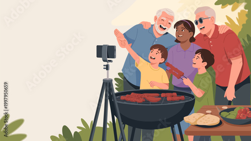 Multi-generational family bbq and recording session with content creation social media picnic table sunny day home cooking barbecue gathering smartphone recording backyard generation