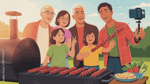 Family enjoying a backyard bbq and recording a vlog with a smartphone selfie stick content creation social media picnic table sunny day home cooking barbecue gathering smartphone recording