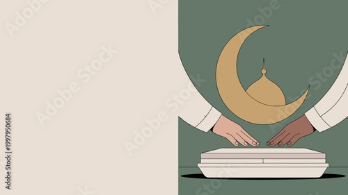 Hands offering prayer or supplication over a veiled object during islamic holiday crescent moon and mosque dome symbol religious event supplication offering religious spirituality devotion