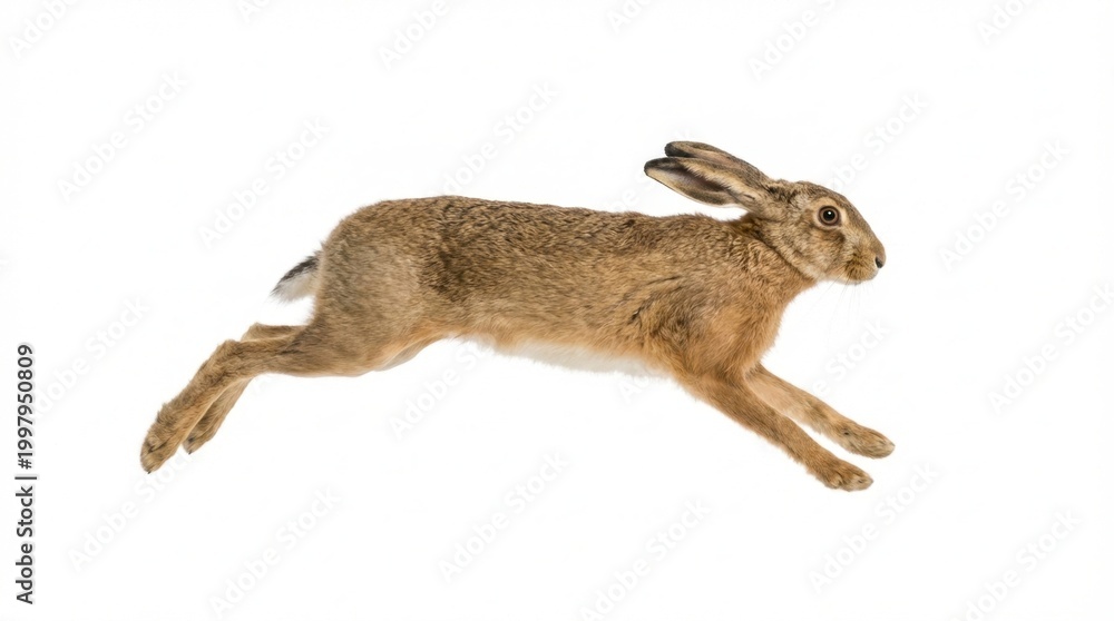 Fototapeta premium Agile European Hare (Lepus europaeus) captured in a dynamic leap, showcasing its speed and grace, isolated on a clean white background for versatility.