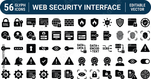 Obraz na plátně Web Security Interface Glyph Icon Set Featuring Authentication, Encryption, Fire