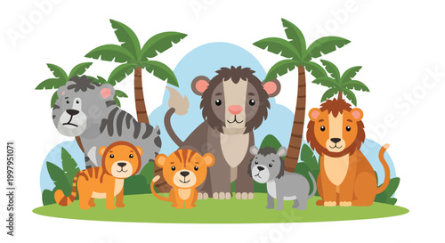 Photography A group of cartoon animals in a tropical setting
