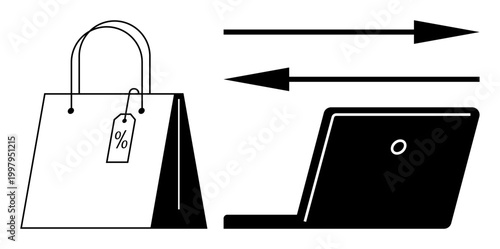 E-commerce, online retail, digital transactions, shopping deals, product exchange, technology. Shopping bag with a discount tag and laptop with arrows. E-commerce and online retail
