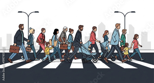 Diverse group of people crossing a busy city street at a crosswalk.