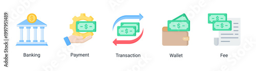 Banking icon set featuring payment,transaction,wallet,and fee icons.Suitable for fintech apps and digital financial services.