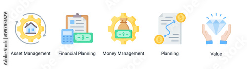 Financial planning icon set featuring asset management,money management,and planning icons.Suitable for financial advisory and business planning.
