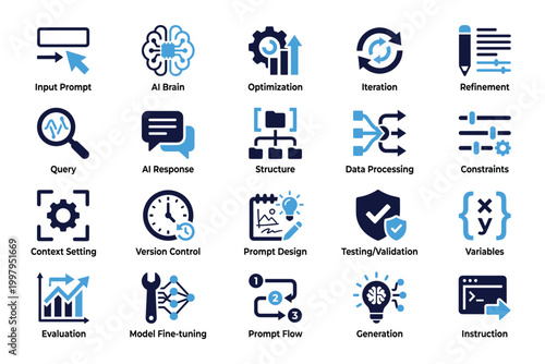 Artificial intelligence prompt engineering icon set for machine learning development vector design.