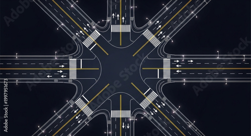 Aerial View of a Busy Intersection at Night.