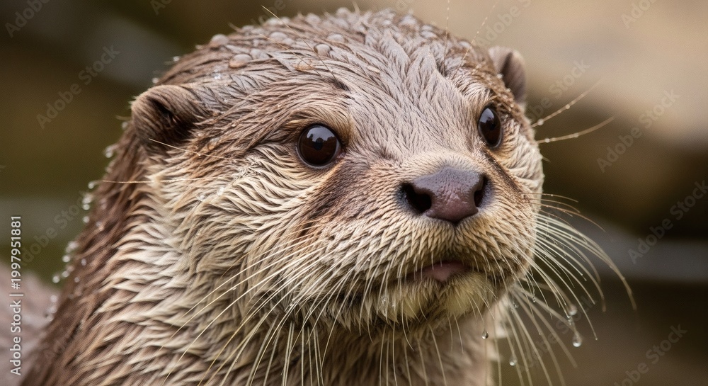 Fototapeta premium Close-up portrait of a curious Eurasian otter in natural wetland habitat with water droplets perfect for World Otter Day