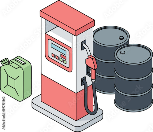 Vintage gas pump with oil barrels and green can in retro style for industrial business