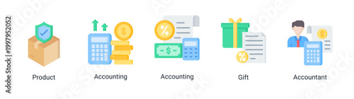 Finance service icon set featuring product,accounting,gift,and financial service icons.Suitable for business and corporate finance use.