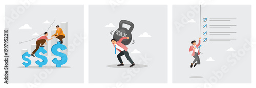 Businessman Help Other Climb Dollar Signs. Struggles Under Heavy Tax. Climbing Rope With Checklists.