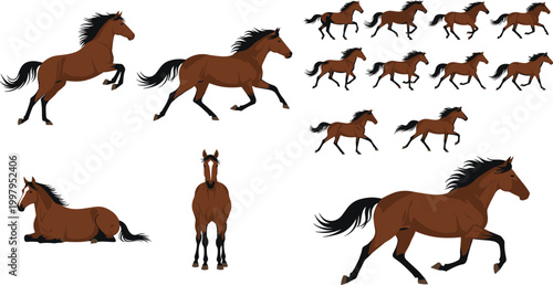 Brown Horse Running Jumping and Resting Pose Flat Vector Illustration Set with Wild Stallion Animal Motion Collection in Different Positions