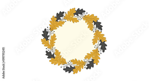 Autumnal wreath with golden yellow and dark grey oak leaves and berries on a white background, featuring a cream-colored empty center.