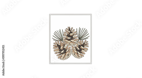 A graphic illustration of several brown pinecones with green pine needles arranged in a circular pattern on a white background.
