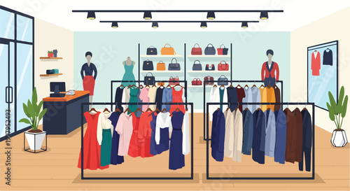 A clothing store interior with racks of clothes and handbags