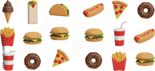 Fast Food 3D Icon Set with Burger Pizza Taco Hot Dog Donut Fries Ice Cream and Soda Colorful Cartoon Collection Illustration