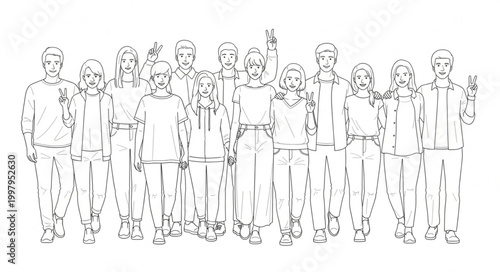 Diverse group of people standing together in a line.