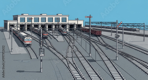 Modern Train Station with Multiple Tracks and Buildings.