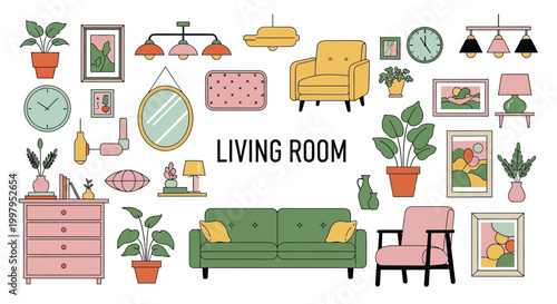A colorful illustration depicts various living room elements and furniture arranged in a playful composition