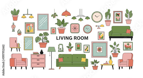 A colorful illustrative collection of living room furniture and decor items arranged on a white background