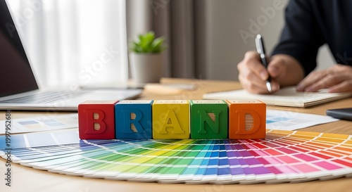 Multicolored wooden blocks spelling out the word brand sitting on a professional desk featuring a vibrant color palette guide for creative design work and corporate identity planning business strategy