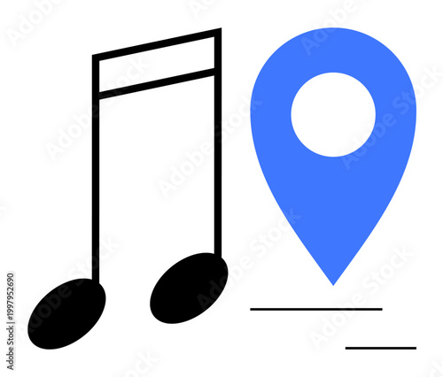 Audio navigation, music streaming, location-based services, entertainment, travel, and media. Black musical notes next to a blue map pin icon. Audio navigation and music streaming concept