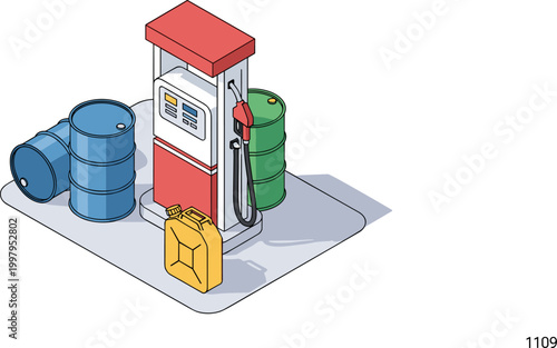 Isometric gas station with fuel pump and barrels in colorful illustration for transportation infrastructure