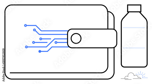 Digital payments, eco-friendly habits, e-commerce, innovation, fintech, sustainability. Stylized wallet with circuits and plastic bottle. Digital payments and eco-friendly habits concept