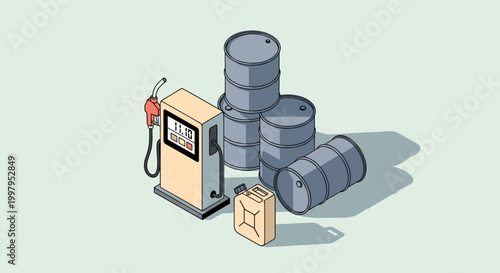 Isometric gas pump with barrels and cardboard box in industrial gray and beige tones for logistics and transportation