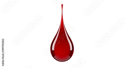 A single, perfectly formed red droplet of liquid is suspended in mid-air against a stark white background, its smooth, reflective surface showcasing its viscosity and vibrant color.