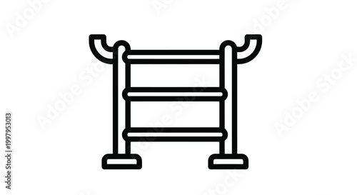 A simple black and white line drawing depicting a classic three bar horse jump obstacle