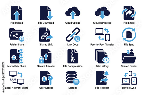Data file sharing vector illustration set includes upload download cloud and local network storage.