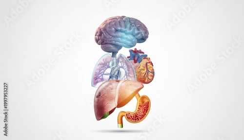 Anatomical illustration of human organs including the brain, lungs, heart, liver, and stomach