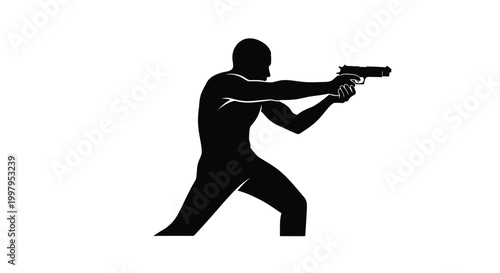 A silhouetted figure aims a handgun depicted in a dynamic action oriented pose against a white background