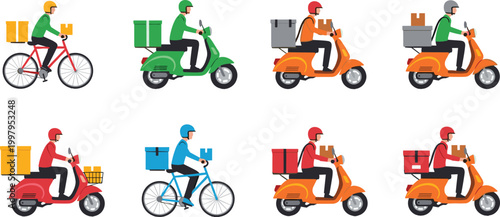 Delivery Man Riding Bike and Scooter with Package Box Flat Vector Illustration Set Colorful Food and Courier Service Collection