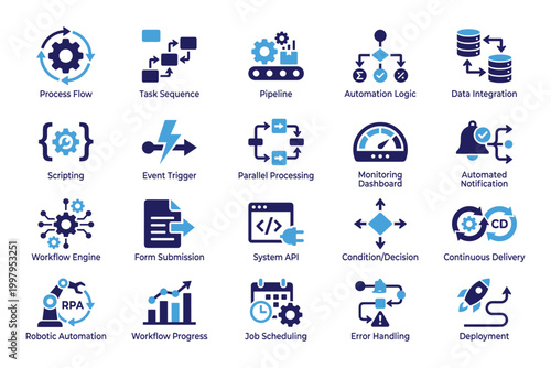 Automation workflow icons for process management and system integration vector illustration.