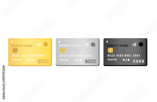 シンプルなプレミアムクレジットカードのイラストセット　ブラックカード/ゴールドカード/シルバーカードのイラストセット wifi機能付き